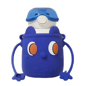 Gourde isotherme mignonne pour enfants avec étui en silicone bleu motif monstre