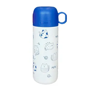 Blau-weiße Edelstahl-Isolierflasche mit niedlichen Cartoon-Katzenmotiven