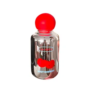 Bouteille d'eau en verre miroir avec motif cerise et bouchon sphérique rouge