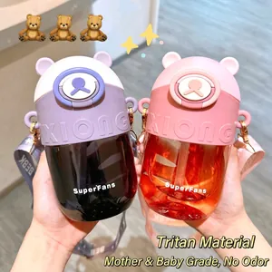 Cute Bear Kids Tritan Water Bottle With Straw And Adjustable Shoulder Strap Leakproof Portable Sippy Cup For Kindergarten Children