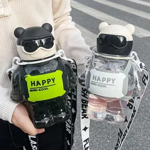 Botella de Agua de Plástico con Forma de Oso Con Pajita Y Correa para el Hombro Taza Portátil de Gran Capacidad para Niños Escuela Aire Libre
