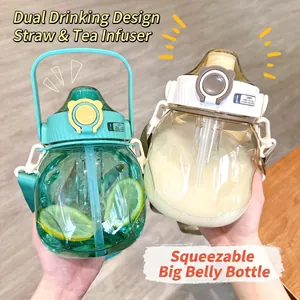 Large Capacity Plastic Belly Water Bottle With Straw Tea Infuser Portable Cute Stickers Handle Cup For Students Summer