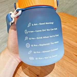 Primo piano di una borraccia in plastica blu opaca sfumata con indicatori temporali motivazionali
