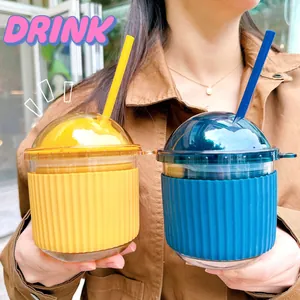 Ins Style Egg-Shaped Glass Cup With Ribbed Silicone Sleeve And Straw Portable Heat Resistant Water Bottle For Home Office