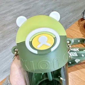 Close-up macro view of the cute bear-shaped lid on a green tritan straw water bottle for kids