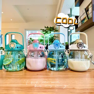 A set of four colorful cute big-belly water bottles with straws displayed on a wooden table.