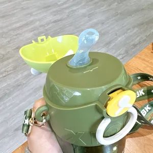 Detail view of children's Tritan water bottle featuring a silicone straw and adjustable strap
