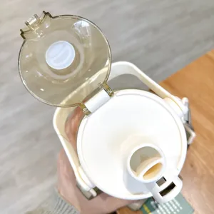Detailed top view of a portable water bottle lid showing the spout and open hinge design
