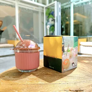 Cute egg-shaped glass straw cup with pink sleeve and matching gift box