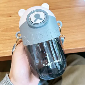 Close-up of a bear-shaped Tritan straw water bottle with a grey silicone sleeve
