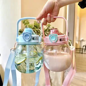 Detailed view of two large-capacity pastel water bottles with handles and shoulder straps
