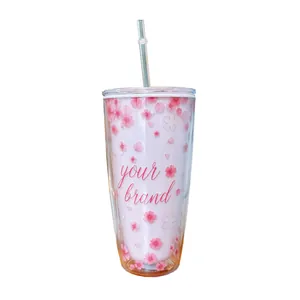 Gobelet en plastique à double paroi avec motif fleur de cerisier, paille et couvercle hermétique
