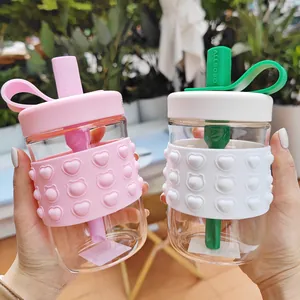 Modern Transparent Glass Straw Cup With Heart Relief Silicone Sleeve Heat Resistant Portable Drinking Bottle For Women Office