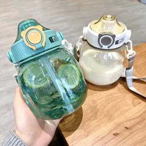 Large capacity cute belly water bottles with straws and portable straps in green and beige