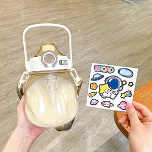 Large capacity portable belly water bottle with straw and cute cartoon DIY space stickers