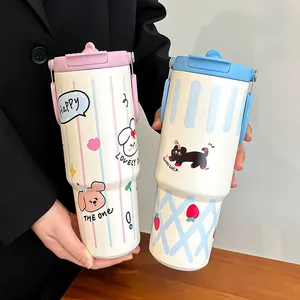 Cartoon Edelstahl Isolierbecher Ice King Cup 900ML Große Kapazität Vakuumflasche Mit Doppeltrinkdeckel Und Griff Tragbare Kaffeetasse Für Büro Auto Reise