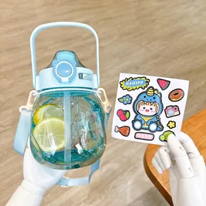 Detailed view of light blue big-belly water bottle with straw and cartoon stickers