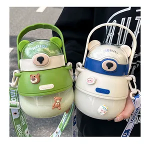 Cute bear-shaped large capacity plastic water bottles with portable shoulder straps