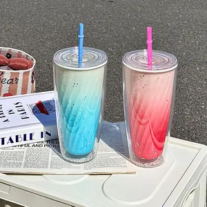 Zwei ästhetische Doppelwandige Strohhalmbecher mit Farbverlauf und Glitzersternen