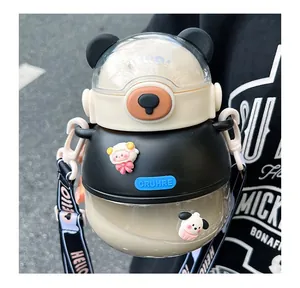Detail of cute bear-shaped water bottle with cartoon charms and HELLO strap