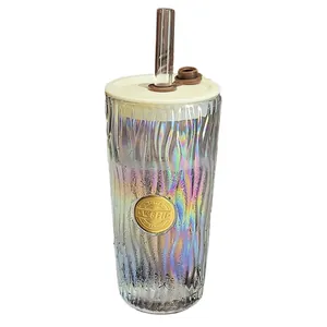 Elegant iridescent gradient glass water cup with straw lid and bark texture design