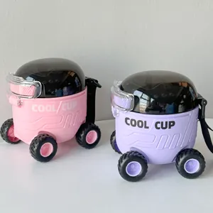 Rosa und lila Kinder-Wasserflaschen im kreativen Mars-Rover-Design, Seitenansicht