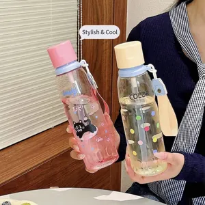 Portable Cartoon Plastic Straw Water Bottle Cute Animal Print Drinking Cup With Lanyard High Aesthetic Student Handy Cup