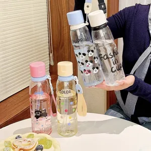 Cute cartoon plastic water bottle with straw and portable strap for girls and students