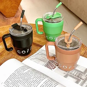 Dreier-Set isolierte Kaffeebecher aus Edelstahl mit Griff und Strohhalm in verschiedenen Farben
