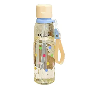 Cute cartoon plastic water bottle for girls with straw and beige portable wrist strap