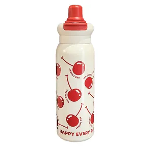 Gourde isotherme en acier inoxydable 316 avec motif cerise et couvercle à paille