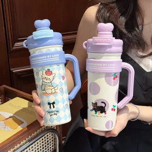 700ml Edelstahl Isolierbecher Mit Griff Und Strohhalm Süße Cartoon Thermoskanne Für Auto Büro Zuhause Heiße Kalte Getränke