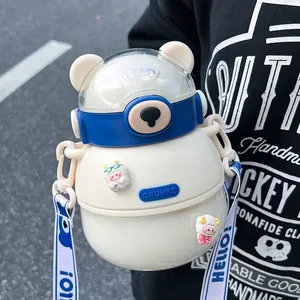 Bear-shaped plastic water bottle with dome lid and portable shoulder strap for outdoor use