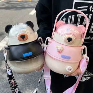 Cute bear-shaped plastic water bottles with carrying straps for kids and students