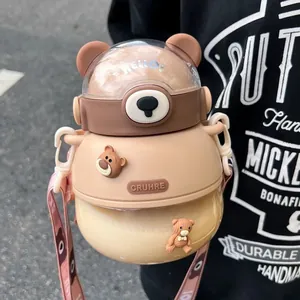 Cute bear-shaped large capacity plastic water bottle with portable shoulder strap
