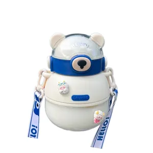 Cute bear-shaped portable plastic water bottle with adjustable hello strap for kids