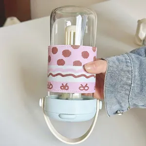 Detailed view of leakproof high borosilicate glass water bottle with pink patterned sleeve