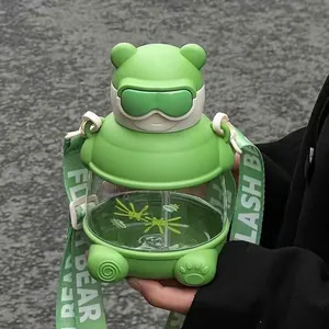 Cute Bear Shape Plastic Straw Water Bottle With Strap For Kids Students Portable Large Capacity Outdoor Leakproof Cup