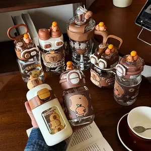 Süße Cartoon Capybara Wasserflasche Hitzebeständig Tragbar Acryl Glas Tritan Becher Mit Strohhalm Für Studenten Büro Geschenk