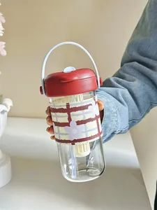 Detailed view of the glass water bottle with a built-in tea infuser and straw design.