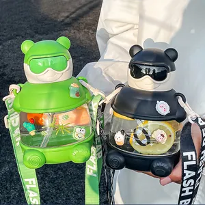 Cute bear-shaped plastic water bottles with straw and strap for kids and girls