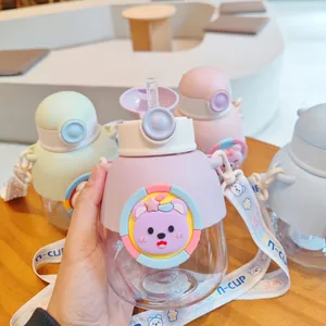 Large capacity cartoon bear water bottle with straw and adjustable strap for kids