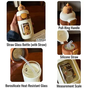 330ml Capybara Glas-Wasserflasche mit Silikonstrohhalm und niedlichem Design