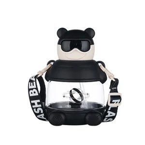 Cute creative bear-shaped plastic water bottle with adjustable shoulder strap
