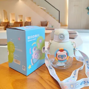 Cute cartoon bear kids belly water bottle with straw and portable crossbody strap