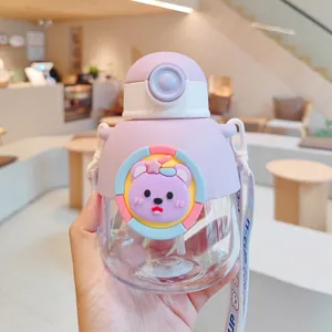 Cute purple children's big belly water bottle with cartoon bear strap detail