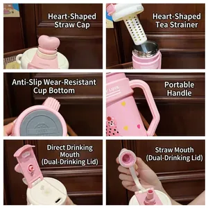 Rosa Edelstahl Isolierflasche mit Griff, Herz Strohhalm Kappe und Tee-Sieb Zubehör