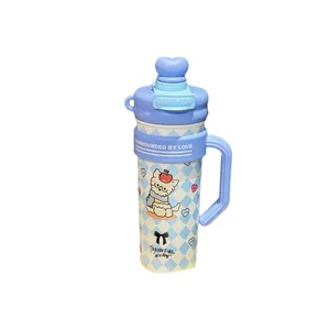 Isoliertrinkflasche aus Edelstahl, blau kariert, mit Griff und süßem Katzenmotiv.
