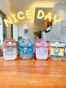 Collection of cute cartoon square straw cups with colorful character designs and straps