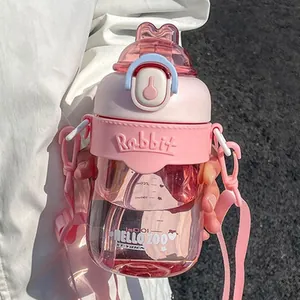 Cute Rabbit Cartoon Plastic Cup High Aesthetic Straw Water Bottle With Adjustable Shoulder Strap Leakproof Portable Kettle For Kids Girls